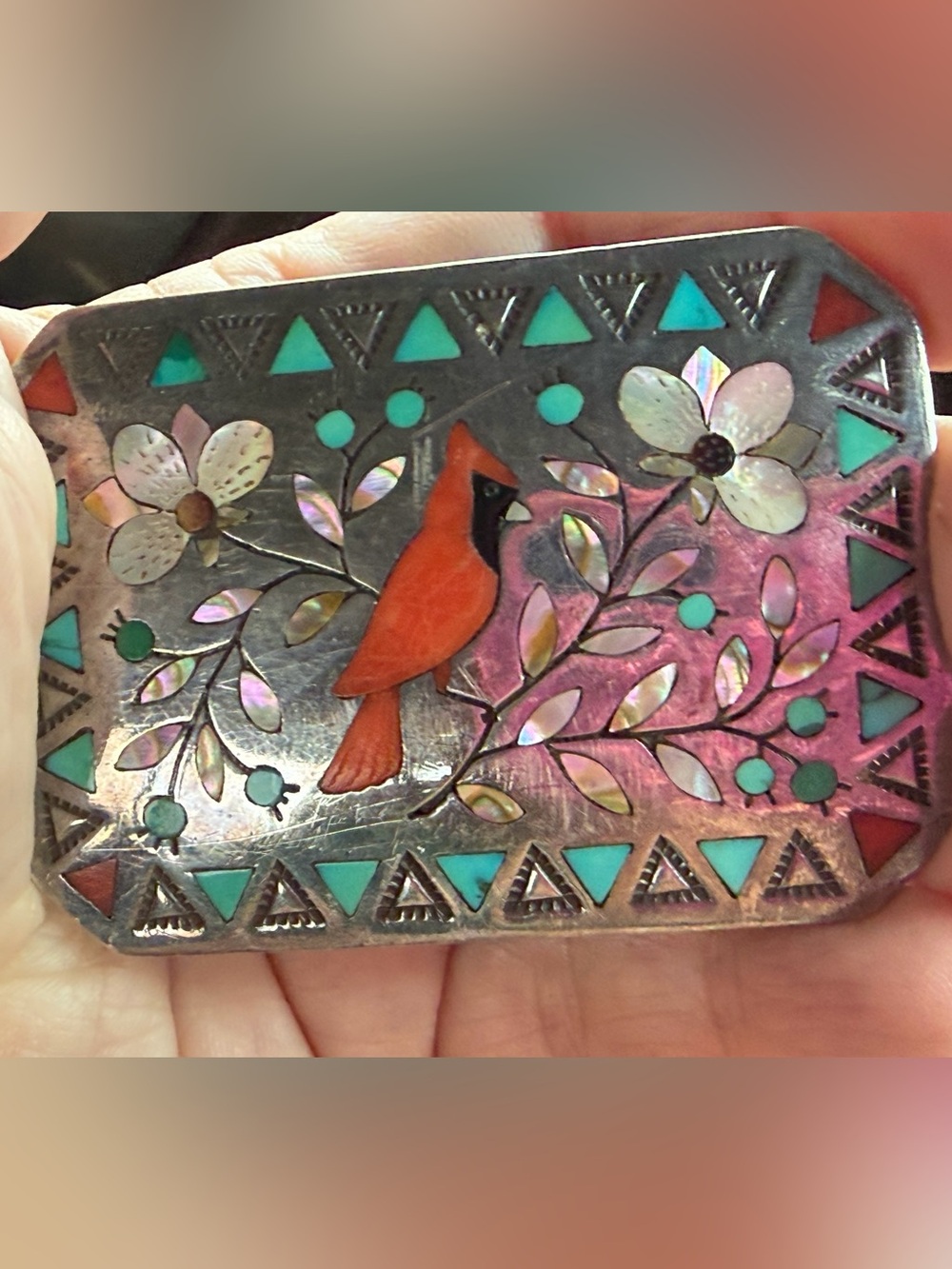 Vintage Zuni Randolph Margie Ghahate Cardinal Inlay Sterling Silver Belt Buckle